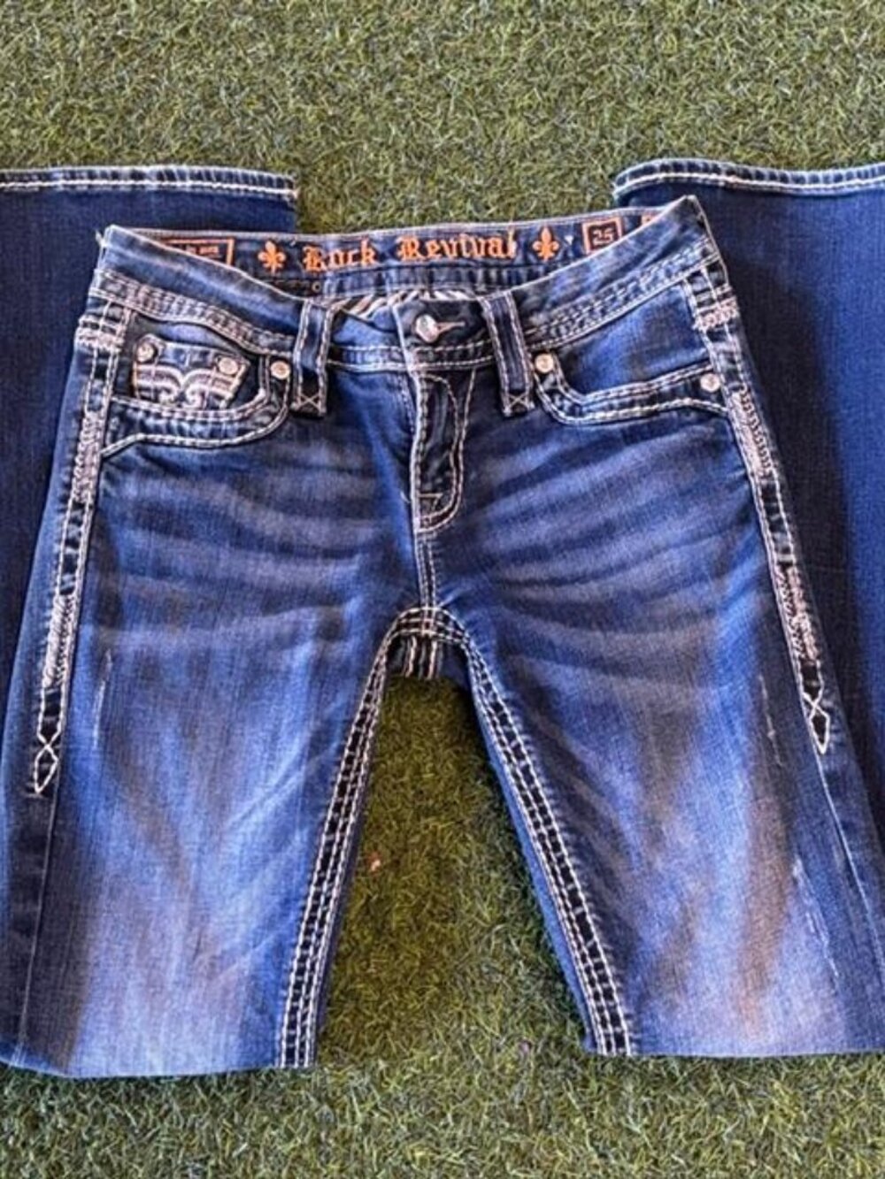 Rock Revival "Marie" Women's Easy Bootcut Low Rise Thick Stitching Jeans Size 25